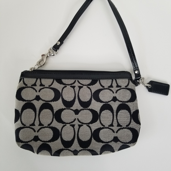 Coach Signature Logo Canvas Black/Grey Wristlet Purse Clutch - Picture 3 of 11